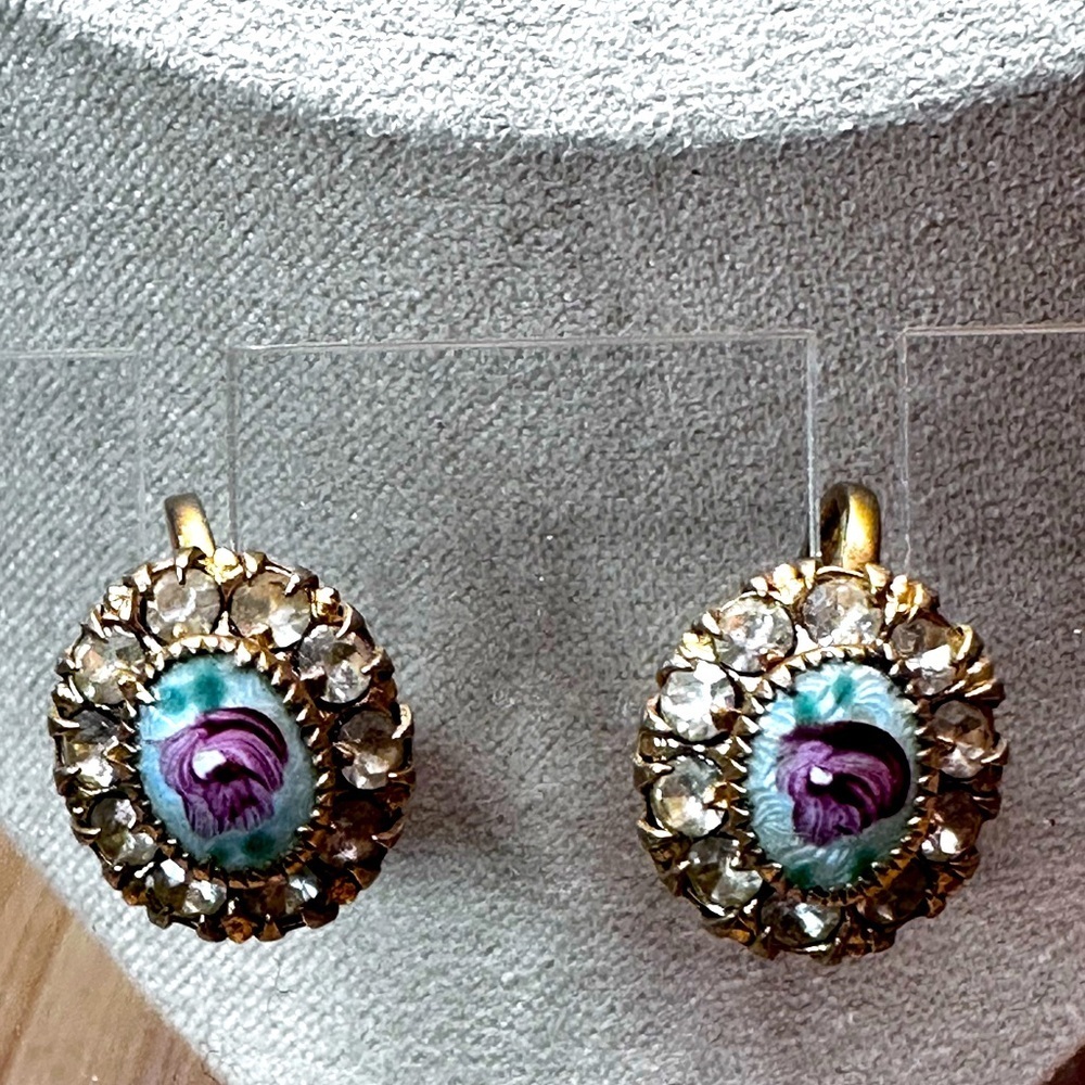 Vargas White Guilloche Enamel Roses Screwback Earrings 1940s VTG Signed​​